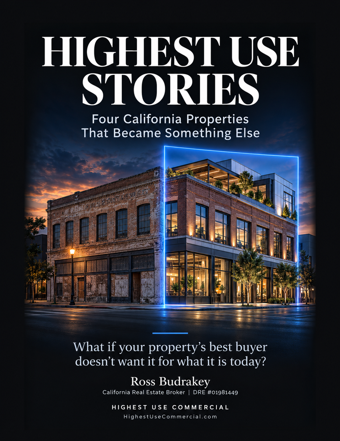 Highest Use Stories cover with conceptual old-building-to-modern-building artwork, not photographs of the actual case studies